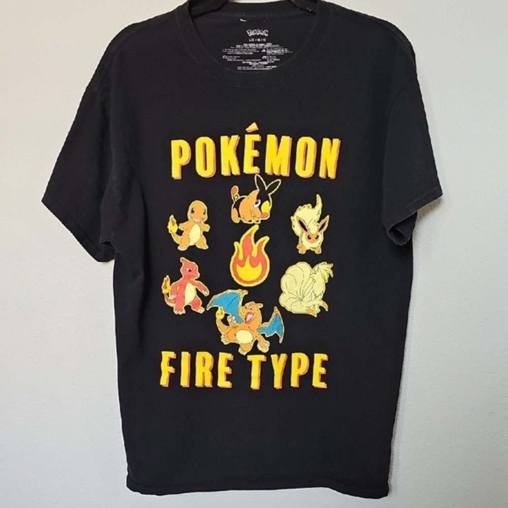 Pokemon Fire Type Graphic Short Sleeve Cotton T Shirt Black Large